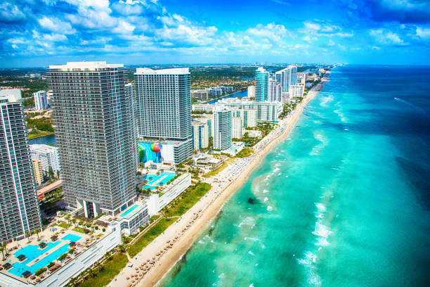 Aerial View of the South Florida Coastline Hotels lining the beaches of South Florida, USA, just north of downtown Miami shot from an altitude of about 400 feet. florida beach above stock pictures, royalty-free photos & images