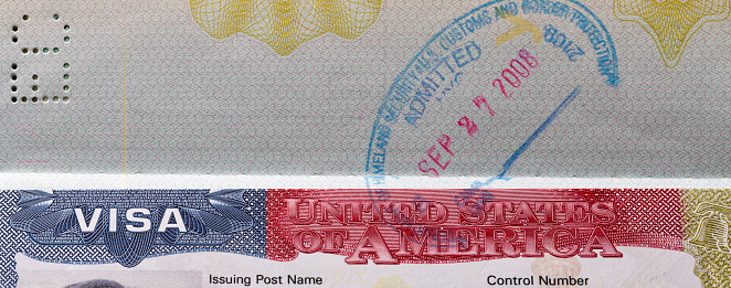 American Visa with stamp in the passport closeup