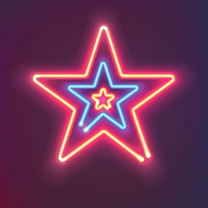 Three shining neon stars with warm and cold light. Mysterious bright sign board for your design. Vector illustration.