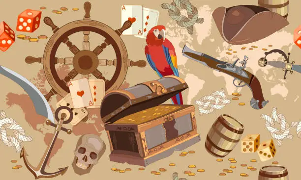 Vector illustration of Old pirate treasure map seamless pattern. Treasure chest, parrot steering wheel skull, rum saber pirate hat. Adventure stories seamless background