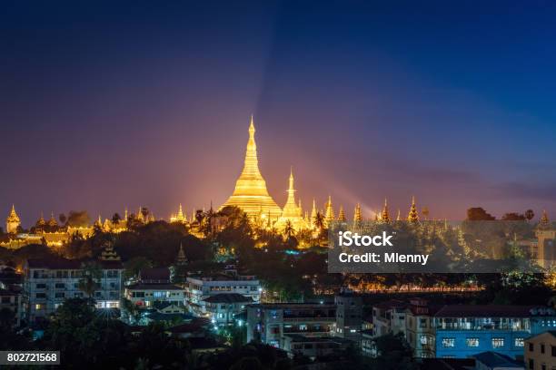 Aerial View Yangon Night Shwedagon Pagoda Myanmar Stock Photo - Download Image Now - Yangon, Myanmar, Aerial View