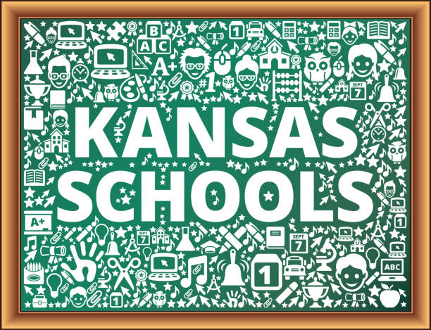 Kansas Schools School and Education Vector Icons on Chalkboard Kansas Schools School and Education Vector Icons on Chalkboard. The main object of this royalty free illustration is the key word surrounded by school and education vector icon pattern. The key word and icons are depicted on a green chalkboard and are white in color. The chalk board has a wooden frame. This illustration is conceptual and is perfect for school and education industries. Each icon can be used independently from the background set. kansas football stock illustrations