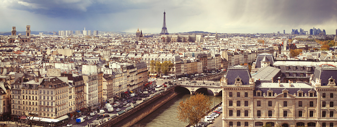 Paris city with Eiffel tower, river Seine and La Défense business district