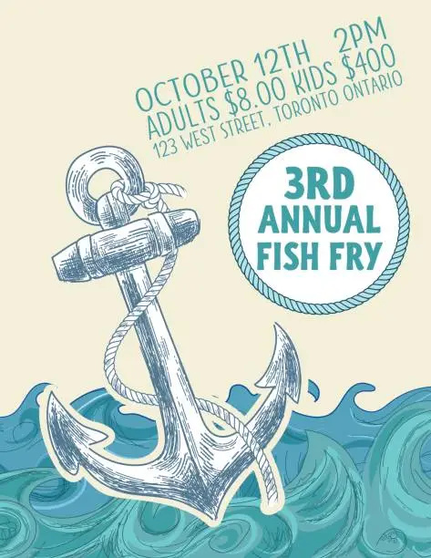 Vector illustration of Hand Drawn Fish Dinner Fundraiser With Nautical Elements