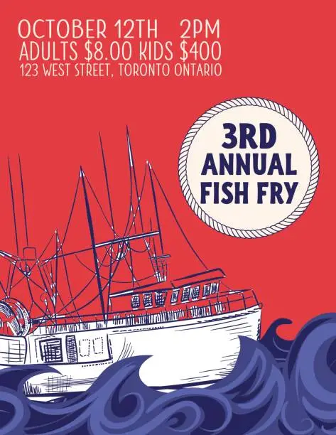 Vector illustration of Hand Drawn Fish Dinner Fundraiser With Nautical Elements