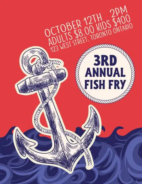 Vector illustration of Hand Drawn Fish Dinner Fundraiser With Nautical Elements