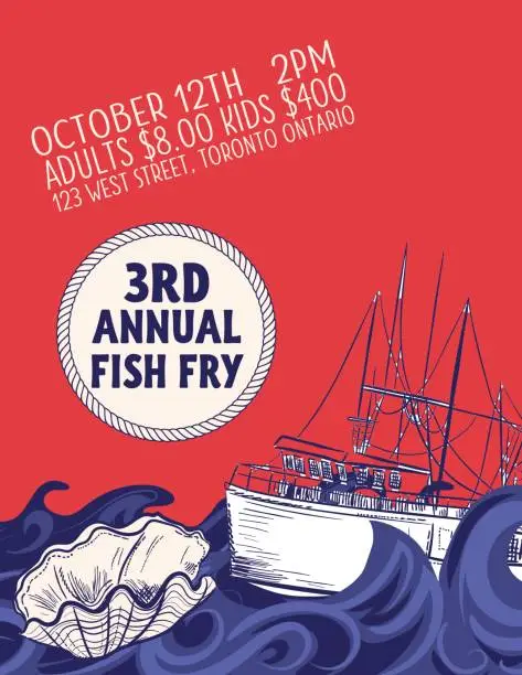 Vector illustration of Hand Drawn Fish Dinner Fundraiser With Nautical Elements