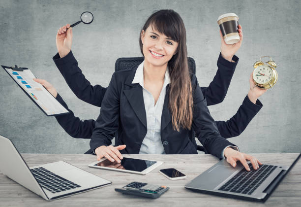 istock Multitask business woman with many hands. 802772390
