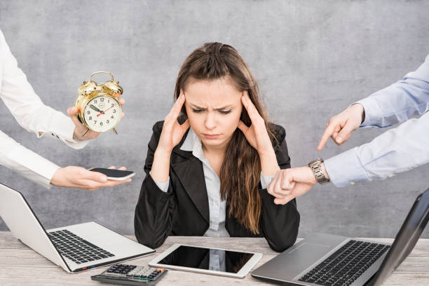 Female office worker is tired of work and exhausted. Female office worker is tired of work and exhausted. She has burned down and has depression. managing stress stock pictures, royalty-free photos & images