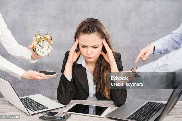Female Office Worker Is Tired Of Work And Exhausted Stock Photo - Download Image Now