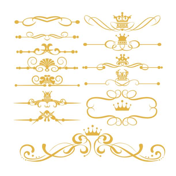 ilustraciones, imágenes clip art, dibujos animados e iconos de stock de remolinos y fronteras real oro - scroll shape corner victorian style silhouette