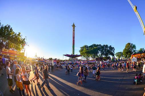 Dusk at the Minnesota State Fair in Falcon Heights, Minnesota. Photo is taken with a fisheye lens.