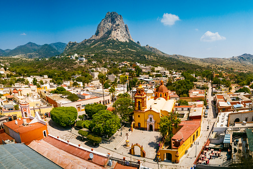 Aerial view of the town of Peña de Bernal in Queretaro State, famous for it's monolith.