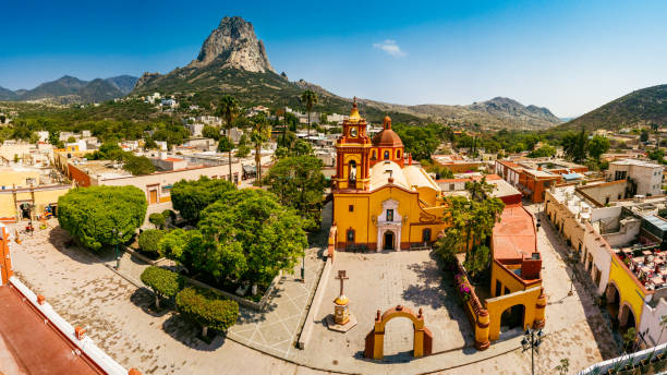 Town of Peña de Bernal in Queretaro Aerial view of the town of Peña de Bernal in Queretaro State, famous for it's monolith. queretaro city stock pictures, royalty-free photos & images