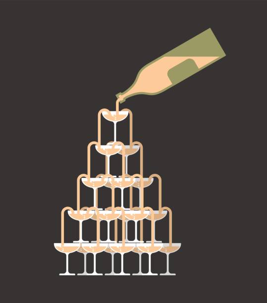 illustrazioni stock, clip art, cartoni animati e icone di tendenza di bottiglia versare bicchiere di torre di champagne. alcol nel campanile di vetro. piramide del vino. collina dei cocktail - torre