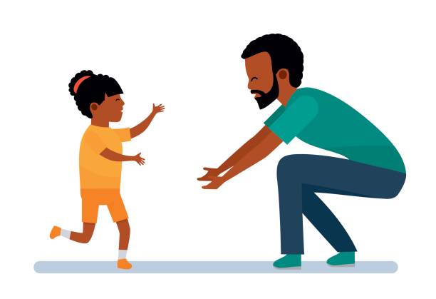 Happy African family. Family leisure. The girl laughs and runs into the arms of the father. Happy African family. Family leisure. The girl laughs and runs into the arms of the father. African American people. Vector illustration in a flat cartoon style father daughter stock illustrations