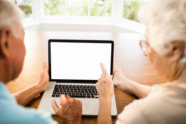 istock Rear view of senior couple using laptop 802819478