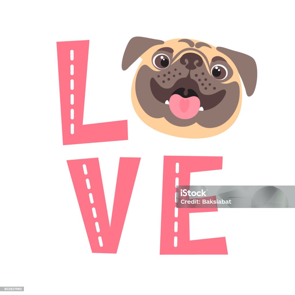 The inscription on the t-shirt of the owner of the dog. Word LOVE with a pug face The inscription on the t-shirt of the owner of the dog. Word LOVE with a pug face. Vector illustration. Animal stock vector