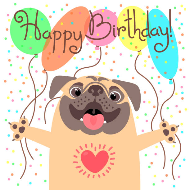 Cute happy birthday card with funny puppy. Loving pug and balloons - ilustração de arte vetorial