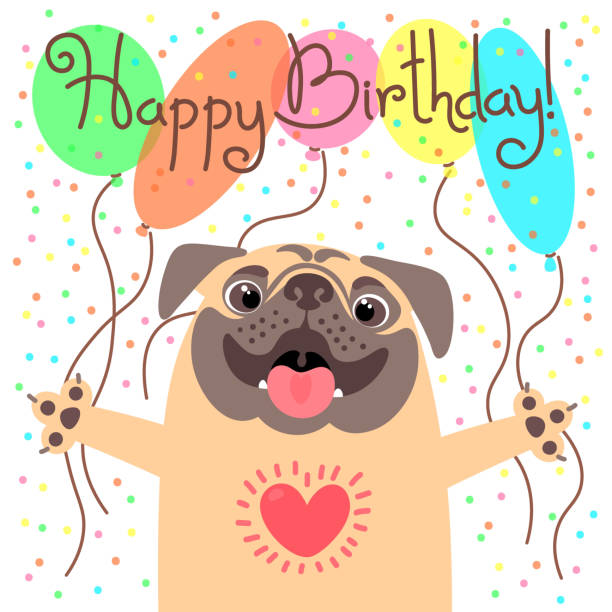 Cute Happy Birthday Card With Funny Puppy Loving Pug And Balloons Stock Illustration - Download Image Now - iStock Cute Happy Birthday Card With Funny Puppy Loving Pug And Balloons Stock Illustration - Download Image Now - iStock