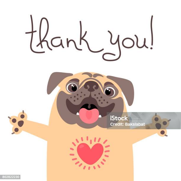 귀여운 강아지는 감사를 말한다 감사 가득한 마음으로 그 개에 대한 스톡 벡터 아트 및 기타 이미지 - 개, 감사합니다, 퍼그