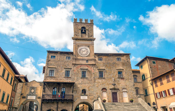 view of the town hall in the medieval city of Cortona view of the town hall in the medieval city of Cortona, Tuscan , Italy cortona stock pictures, royalty-free photos & images