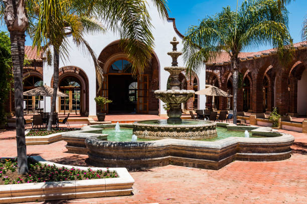 Courtyard and Fountain at Adobe Guadalupe Winery and Inn stock photo