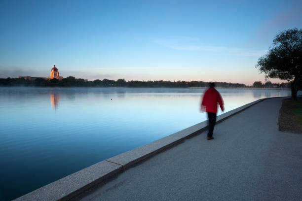 バック グラウンドでレジーナ サスカチュワン州 legistlature 建物ワスカナ湖の周りを歩く - saskatchewan regina parliament building wascana lake ストックフォトと画像