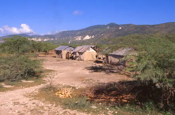 Farmsteads and eroded degraded land in thorn-bush land north of Port-au-Prince Haiti