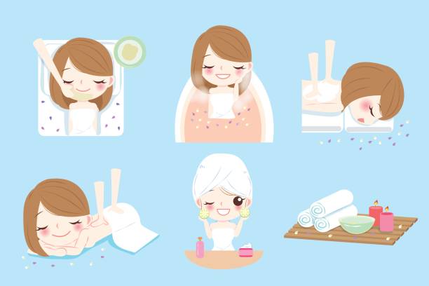 ilustrações, clipart, desenhos animados e ícones de desenhos animados mulher fazer spa - human face washing cleaning body care
