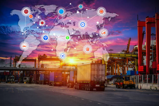istock Business Logistics concept, Global network coverage world map,Truck with Industrial Container Cargo 802852222