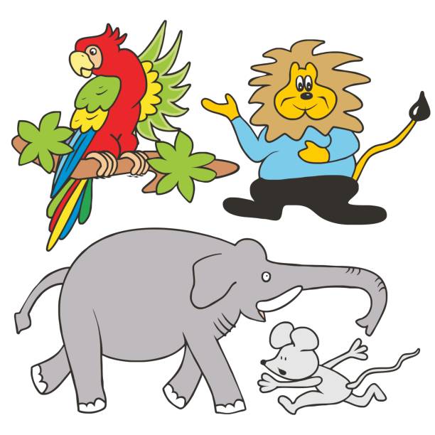 group of tropical animal Group of tropical animals, vector icon.  Parrot, lion, elephant and mouse. Funny illustration for children. czech lion stock illustrations