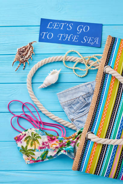 istock Set of beach clothing, handbag. 802860184
