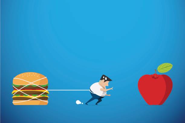 빨간 사과 하지만 햄버거를 산책 하는 것을 시도 하는 뚱뚱한 남자 그 뒤로, 다이어트 및 건강 개념을 잡으십시오 - fat burning stock illustrations
