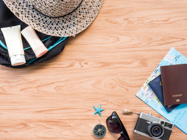 istock Flat Lay Travel Summer on wooden background 802862402