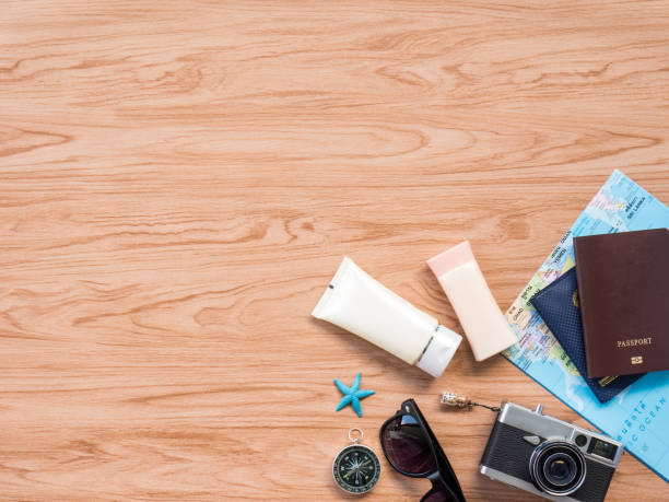 istock Flat Lay Travel Summer on wooden background 802862904