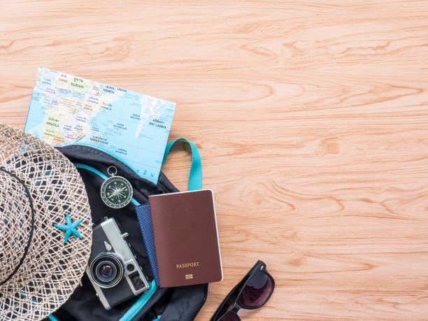 istock Flat Lay Travel Summer on wooden background 802870238