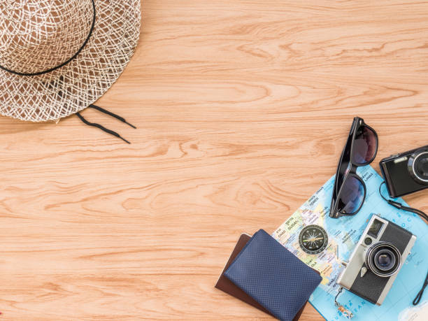 istock Flat Lay Travel Summer on wooden background 802876870