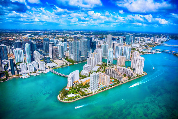 Aerial View of Downtown Miami Florida Miami Florida's downtown district shot from an altitude of about 1000 feet over the Biscayne Bay during a helicopter photo flight. gulf coast states photos stock pictures, royalty-free photos & images