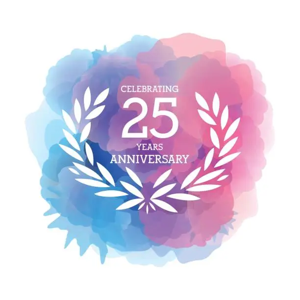 Vector illustration of Twenty Five Years Anniversary Emblem on watercolor background