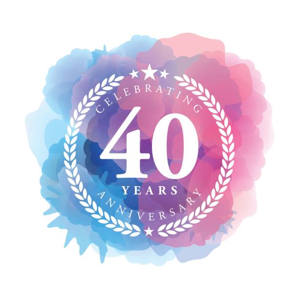 ilustraciones, imágenes clip art, dibujos animados e iconos de stock de emblema del aniversario de cuarenta años sobre fondo acuarela de color azul - 40 44 years