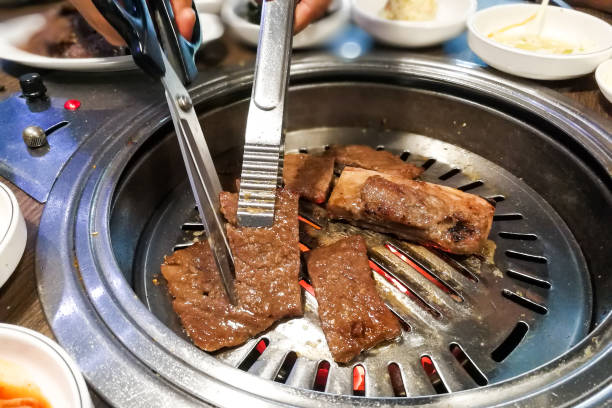 istock Person barbecue beef on bbq pit during korean meal set 802904516