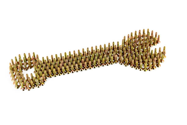 istock Double-sided wrench drawing with yellow avarage galvanized screws isolated on white background 802904728