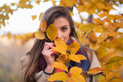 Beautiful young woman hiding among yellow leaves.