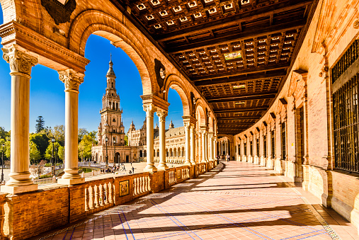 Plaza de espana-Spain square-Seville, Andalusia, Spain, Europe. Traditional bridge detail