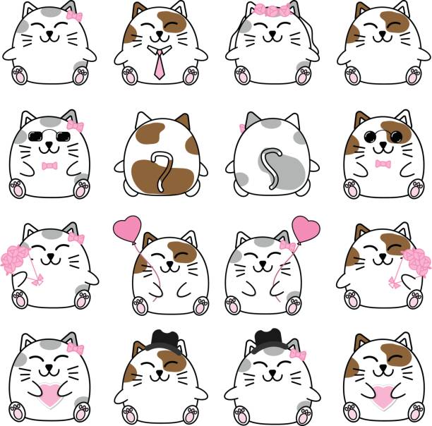 Bекторная иллюстрация Прекрасная милая пара мультфильм�ов кошка коллекция набор с разнообразием характер изолировать вектор значок