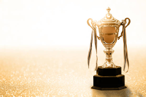 istock Gold Trophy competition on the abstract glitter background with copy space 802912612