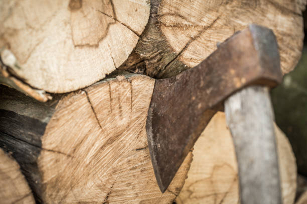istock A deck of stacked logs and an axe 802923838