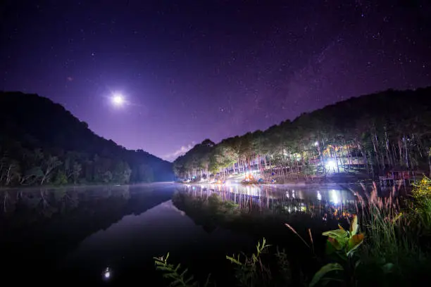 Photo of The beautiful night sky with  light of moon and milkyway at Pang Ung Lake in Mae Hong Son's city, North of THAILAND.