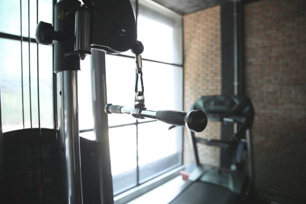 istock Gym Equipment with treadmill 802943222